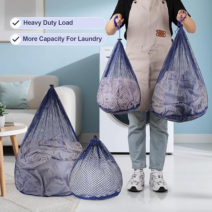 4Pcs Mesh Laundry Bags Washing Machine Mesh Wash Bags for Clothes,Underwear,Lingerie, Bed Linen with Drawstring Closure Sturdy(4 Size, Blue)
