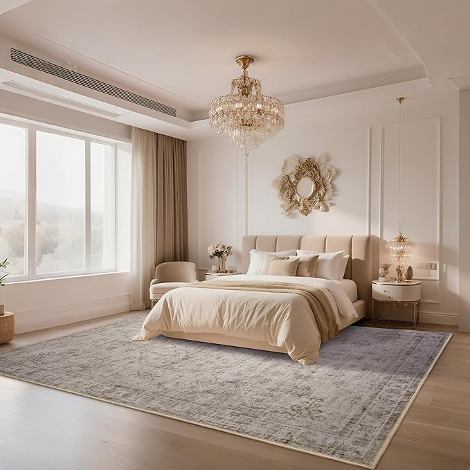 6x9 Washable Area Rug for Living Room, Non-Slip Distressed Rugs for Bedroom Dinning Room, Ultra-Thin Indoor Non-Shedding Vintage Print Carpet for Farmhouse, Home Office, Dorm Light Taupe/Cream