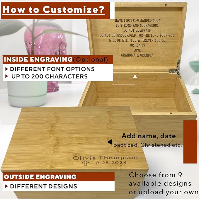 Baptism Memory Box Bamboo Wood - Personalized Baptism Gifts for Boys, First Communion Storage Box for Girls, Personalized Christening Gifts for Boys, Engraved Confirmation Keepsake Boxes, 11x8x4,75 in