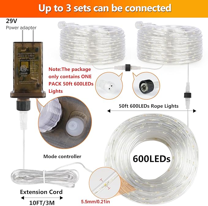 Connectable Outdoor Rope Lights, 50ft 600 LED Warm White Strip Light Plug in for Indoor with Waterproof 8 Modes, Outdoor String Lights for Camping, Garden, Backyard, Patio, Deck, Pool, Tree Décor