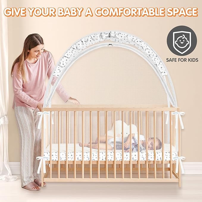 Crib Tent to Keep Baby from Climbing Out - Crib Net to Keep Baby in - Pop Up Breathable Cribs Cover - Canopy with Upgrade Strong Mesh and Durable Zipper (White-Star and Moon, Lager)