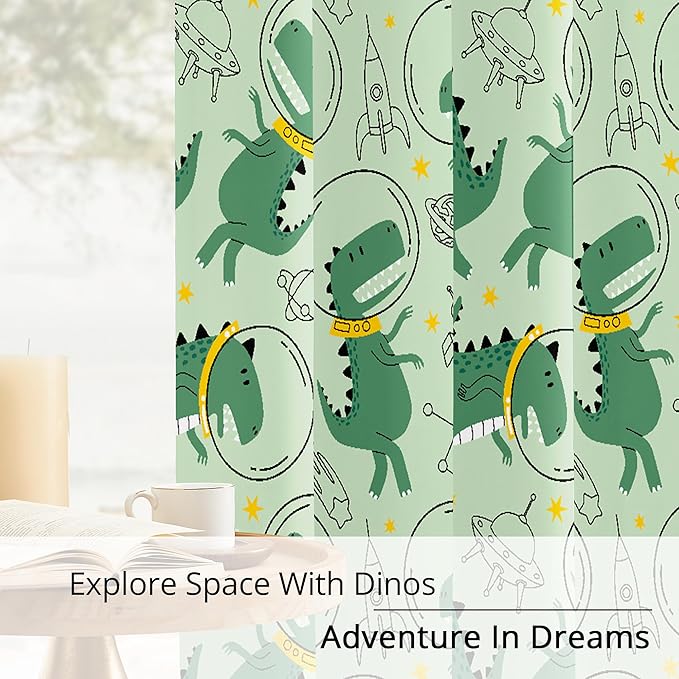 Kids Space Dino Blackout Curtains - 100% Blackout, Thermal Insulated, Noise Reducing, Perfect for Kids Room and Nursery, 2 Panels (Cosmo Dino Green, W52×L63)