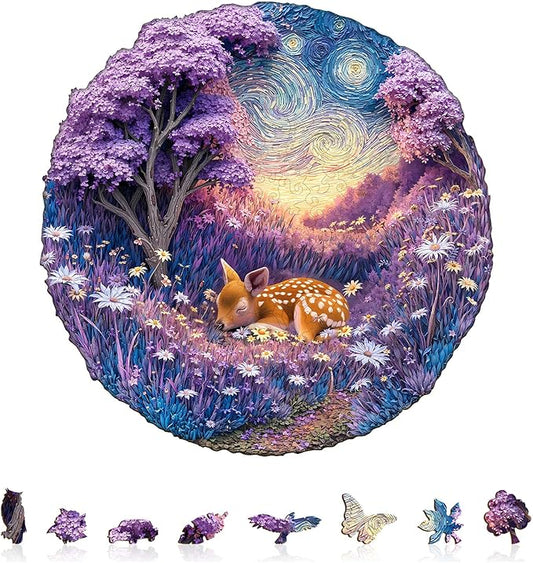 Jigfoxy Wooden Puzzles for Adults, Starry Night Fawn Wood Puzzles Adult, Unique Animal Shape Wooden Jigsaw Puzzles for Adults, Birthday Gifts for Puzzle Lovers, Family, Friend (S-8.5 * 8.5in-100pcs)