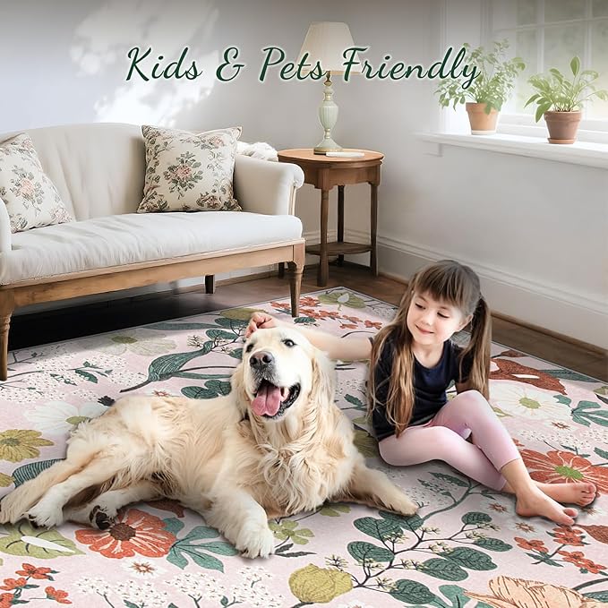 Area Rug Living Room Rugs: 6x9 Washable Rug Vintage Floral Soft Boho Non Slip Carpet Indoor Floor Non Shedding Low Pile Thin Carpets for Bedroom Dining Room Farmhouse Nursery Home Office Light Pink