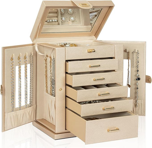 AKOZLIN Jewelry Box 6-Tier Organizer Functional 360° Rotating Jewelry Storage Case for Women Girls Ring Necklace Earring Bracelet Holder with Mirror