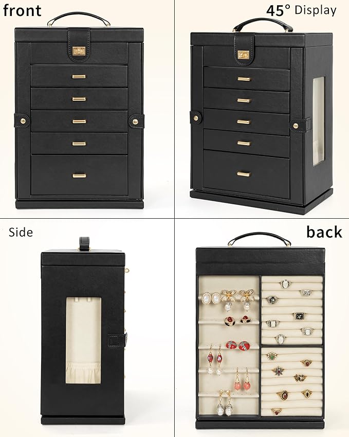 AKOZLIN Jewelry Box 6-Tier Organizer Functional 360° Rotating Jewelry Storage Case for Women Girls Ring Necklace Earring Bracelet Holder with Mirror