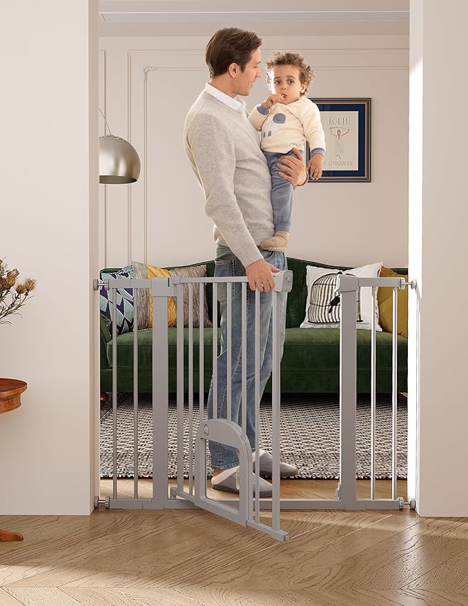Babelio Baby Gate with Adjustable Cat Door,29-43" Auto Close Durable Pet Door for Stairs,Doorways and House, Pressure Mounted,Easy Install,Effortless Walk Thru,Gray