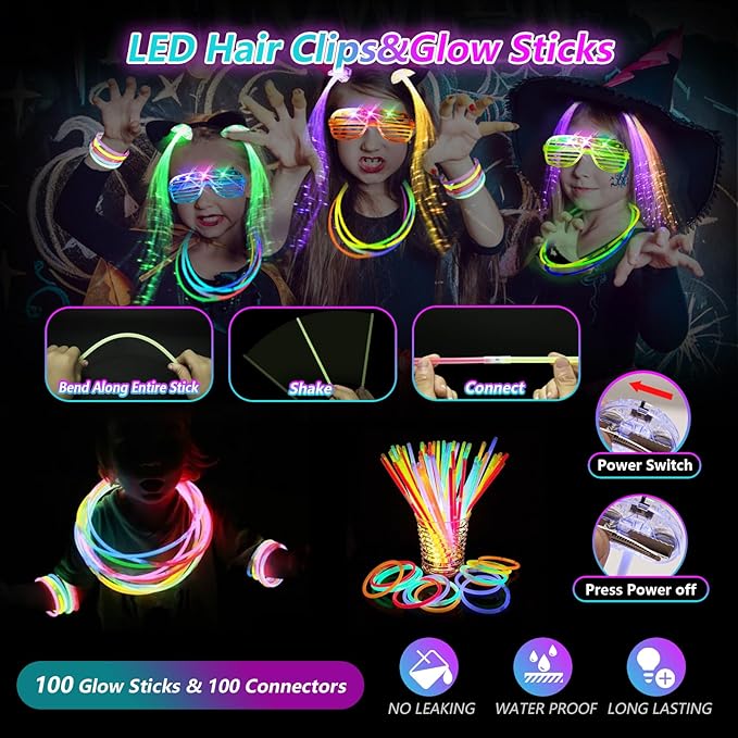 148 PCS Glow in the Dark Party Supplies, 16PCS Foam Glow Sticks, 16PCS LED Glasses,100PCS Glow Sticks Bracelets and 16Pcs LED Hair Clips Fiber Optic for Glow Party, Wedding, Halloween Party