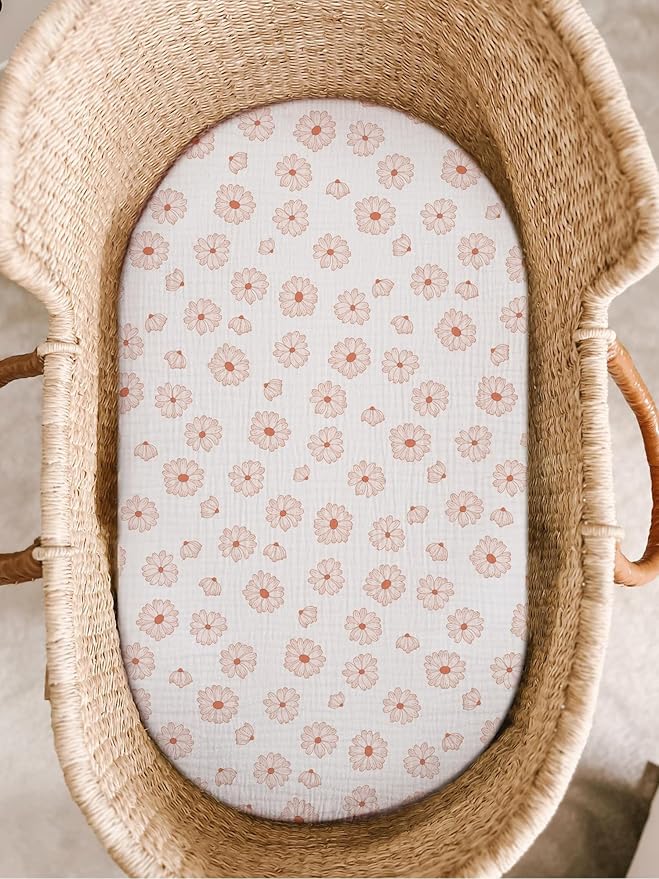 Bassinet Sheet for Baby Boy and Girl, Fitted Sheets for Rectangle, Oval, Hourglass Bassinet Mattress, Muslin Moses Basket Sheets with Neutral Style (Flower-A)