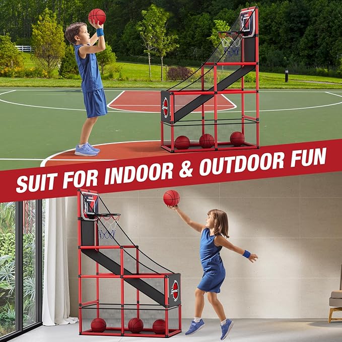 Basketball Arcade Game Indoor Outdoor, Kids Basketball Hoop with 4 Balls & Pump, Single Shot Basketball Game at Home, Carnival Games Sport Toys Gifts for Boys Girls Teens