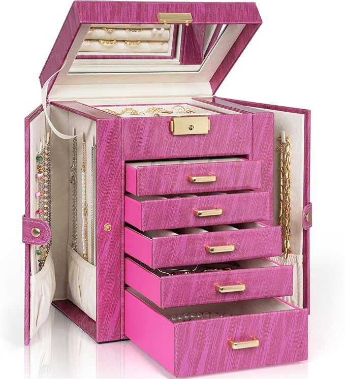 AKOZLIN 6-Tier Jewelry Box Lockable Leather Jewelry Storage Case with 5 Drawers for Women Girls Ring Necklace Earring Bracelet Holder Organizer with Mirror Rose