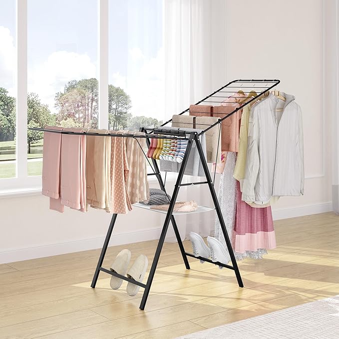 APEXCHASER Clothes Drying Rack Foldable, Metal Laundry Drying Rack with Height Adjustable Rails, Ultra Thin Drying Rack Clothing Towel Sweater Shoe for Indoor Outdoor, Gullwing Clothes Airer, Black