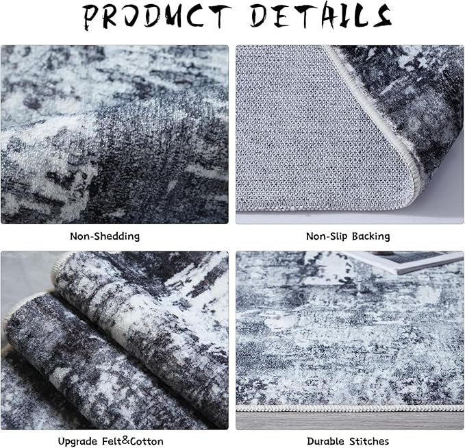 9x12 Rug Washable Boho Rug Soft Large Area Rug Non-Slip Non-Shedding Faux Wool Vintage Rug for Living Room, Farmhouse, Dining Room, Indoor, Kids Playroom, Grey and Black