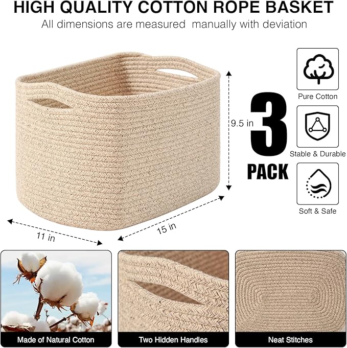 Decorative Storage Baskets for Organizing Shelves, Toy Basket for Nursery, Woven Cotton Rope Baskets for Decor, Towel Basket for Bathroom, 15"x11"x9.5", 3 Packs, Brown