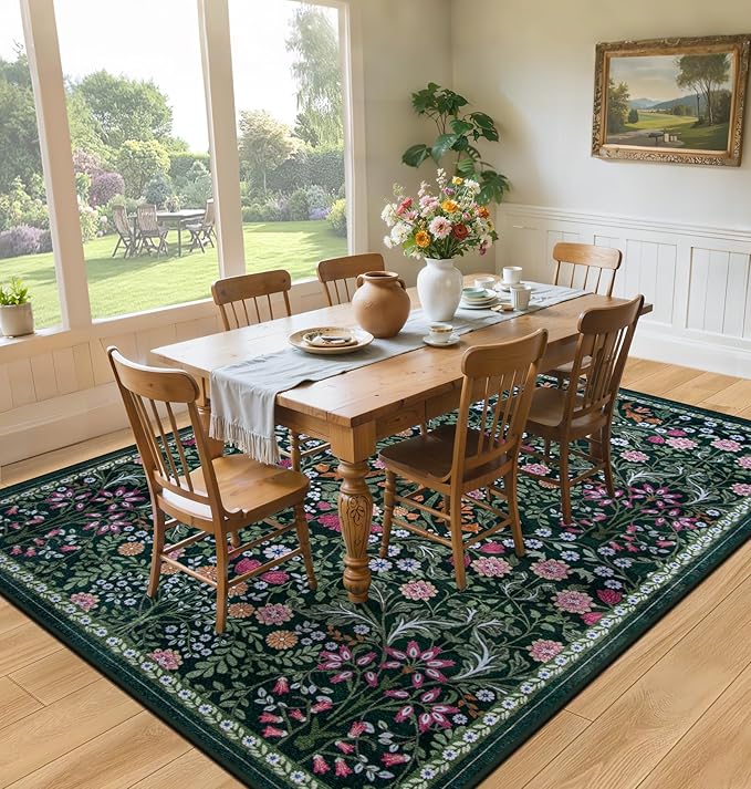 Area Rugs 9x12 Living Room: Floral Washable Rug Vintage Large Soft Boho Non-Slip Carpet Indoor Floor Stain Resistant Low Pile Carpets for Bedroom Dining Room Farmhouse Nursery Home Office Dark Green