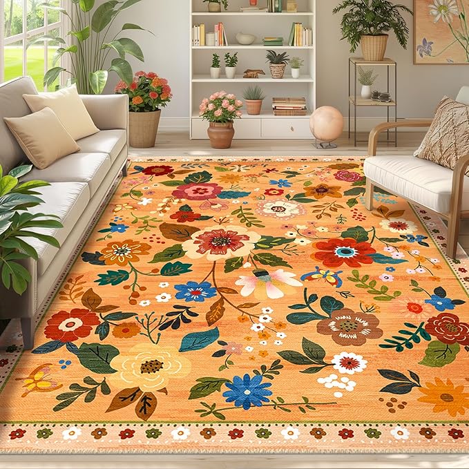 Floral 9x12 Area Rug Machine Washable Soft Print Boho Carpet Non Slip Doormat Low Pile Flower Area Rugs for Living Room Bedroom Nursery Kitchen Dining Room Indoor-Yellow/Orange