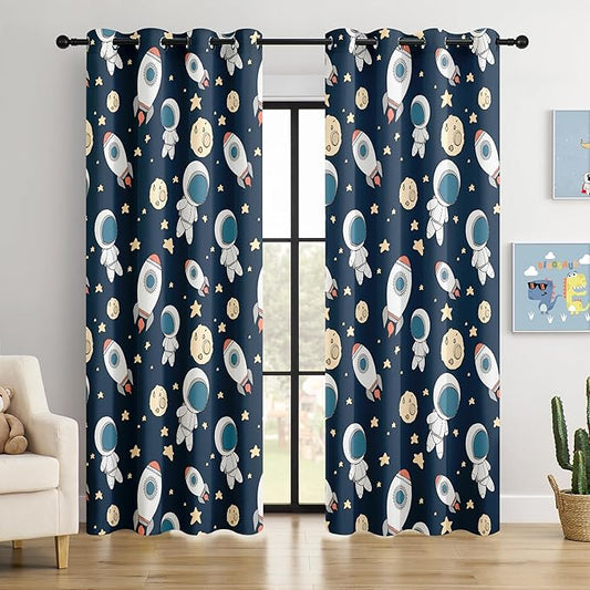 Kids Space Astronaut Planets Rockets Blackout Curtains - 100% Blackout, Thermal Insulated, Noise Reducing, for Kids Room and Nursery, 2 Panels (Astro Buddy Rockets, W52×L84)