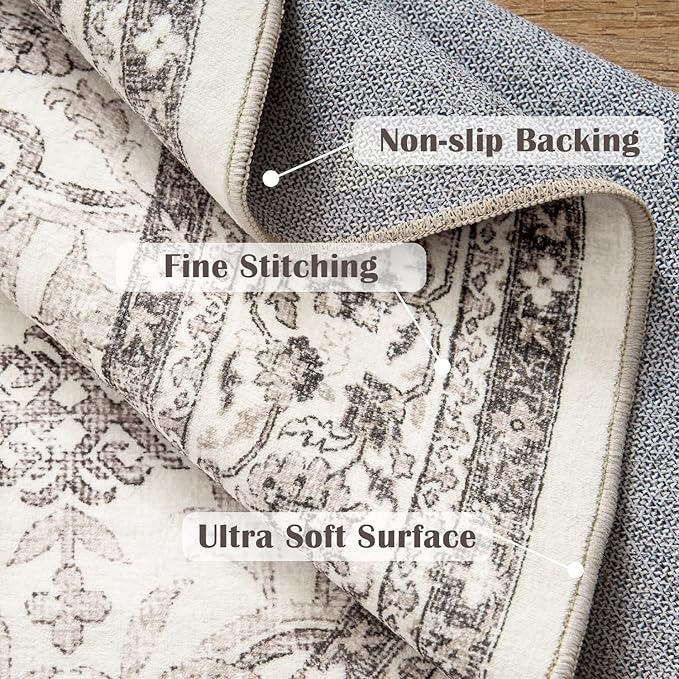 jinchan Round Rug 5ft Washable Circle Soft Rug - Low Pile Vintage 5'Round Indoor Beige Floral Print Stain Resistant Boho Carpet Ultra-Thin Non-Slip for Entryway Nursery Bedroom Dining Room Kitchen