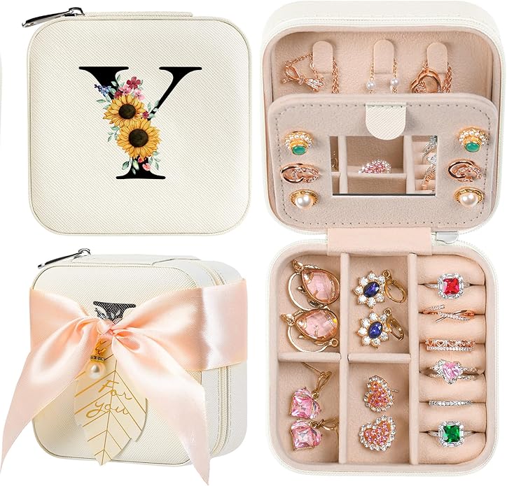AYGXU Travel Jewelry Box for Women and Girls - Small Case With Initial A-Z - Teacher Gifts