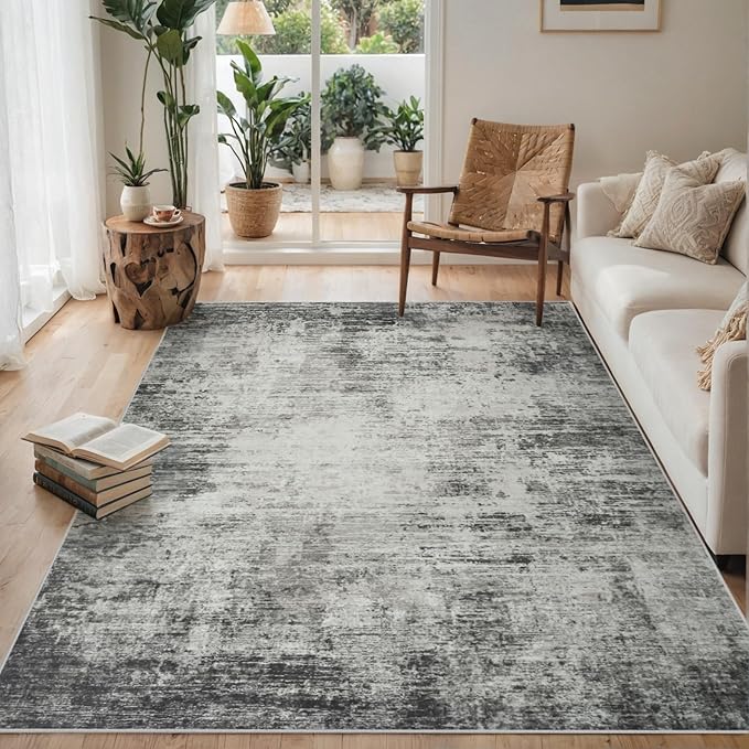 Area Rugs 8x10 Living Room Rugs: Modern Abstract Washable Rug with with Non-Slip Backing, Stain Resistant Indoor Floor Large Carpet for Bedroom Dining Room Table Nursery Hallway Home Office-Black/Gray