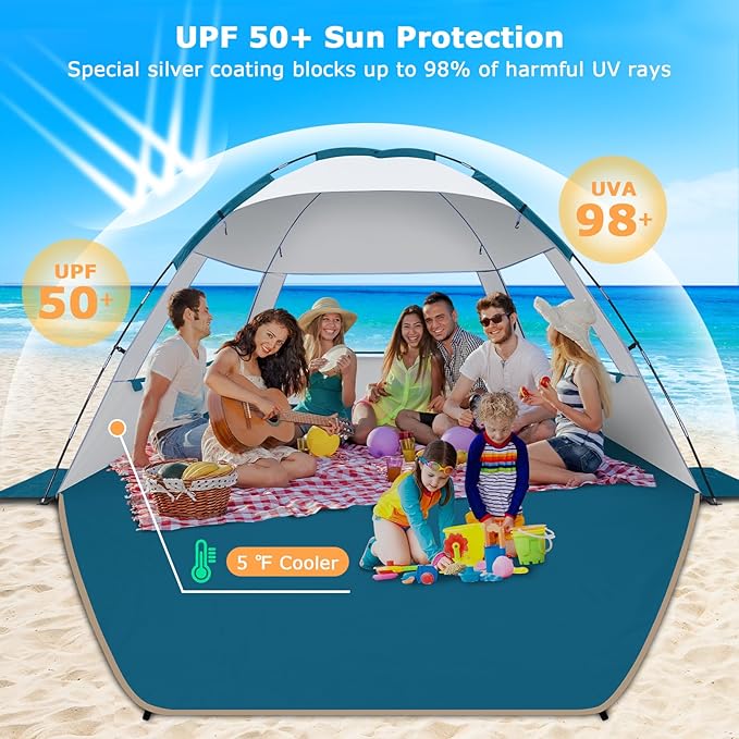 COMMOUDS Beach Tent Sun Shade for 3/4-5/6-7/8-10 Person, UPF 50+ Beach Sun Shelter Canopy Tent, Lightweight, Easy Set Up and Carry