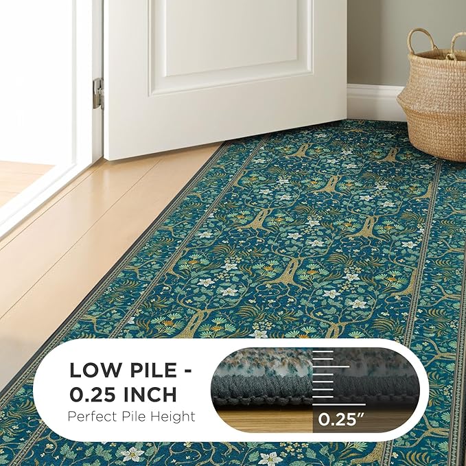 Joydeco Washable Area Rugs 5x7, Boho Floral Dining Room Rug Non Slip, Soft Low-Pile Botanical Forest Indoor Floor Throw Carpet for Living Home Office Playroom Foyer, Dark Blue