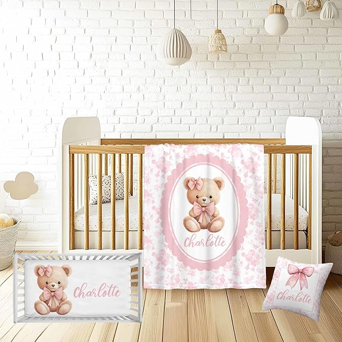 Custom Name Baby Girl Crib Bedding Set – Personalized 3-Piece Bear with Pink Bow Nursery Set with Soft Blanket, Fitted Crib Sheet & Pillowcase – Infant Toddler Bedding Gift for Newborn