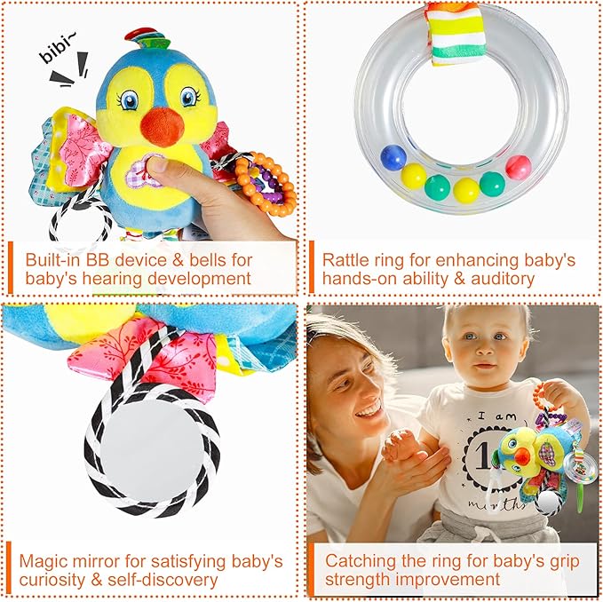 Baby Stroller and Car Seat Toys for Infant - Hanging Rattle Teether Clip on Soft Plush Baby Toys for Boys and Girls 3-12 Months