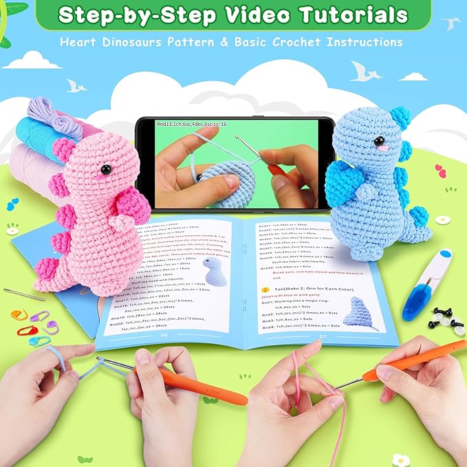 Heart Dinosaurs Crochet Kit for Beginners - 2PCS Blue and Pink Dinosaurs Crochet Kit with Step-by-Step Video Tutorials, Dinosaur Crochet Starter Kit for Adult Kid, Crochet Stuffed Animal Knitting Kit