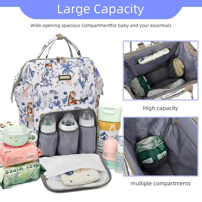 Diaper Bag Backpack, Diaper Bags for Baby Girls Boys, Baby Bags for Moms Dads, Nappy Changing Bag with Insulated Pockets,Multi-functional Waterproof Backpack with Stroller straps-Animal World White