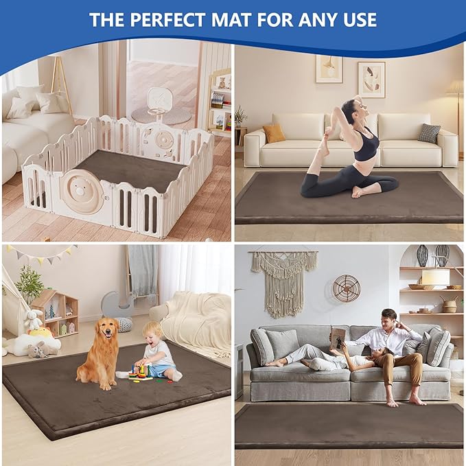 Baby Play Mat for Floor,1.3" Thick Memory foam Tummy Time Mat,79"×158“Extra Large Soft Velvet Nursery Rug,Non Slip Safe for Crawling,Toddlers,Infants,kids,Tatami Style for Living Room(Dark Brown)