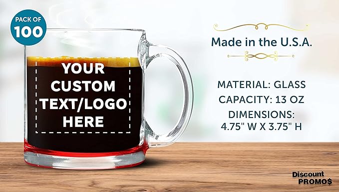 Custom Libbey Clear Glass Coffee Mugs 13 oz. Set of 100, Personalized Bulk Pack - Perfect for Coffee, Tea, Espresso, Hot Cocoa, Other Beverages - Red Bottom