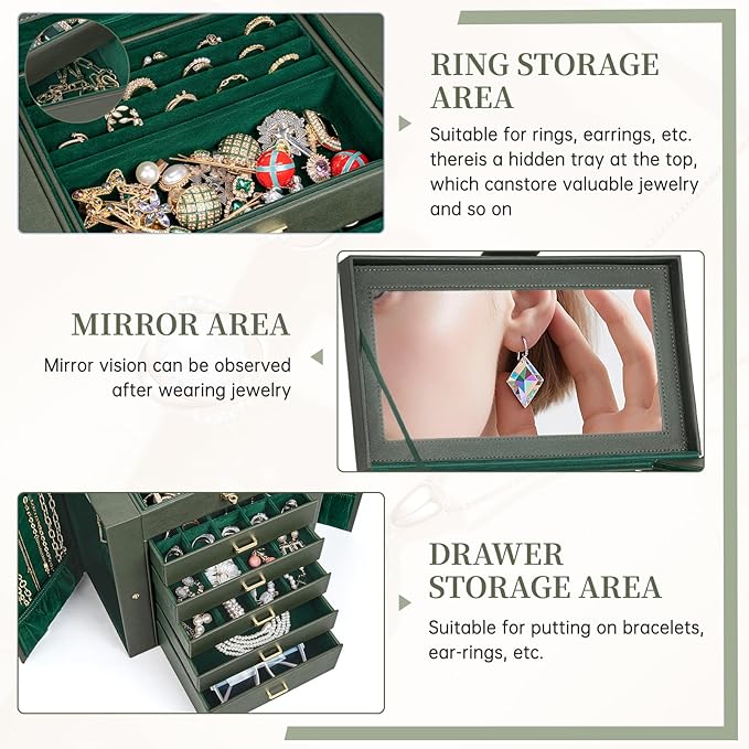 AKOZLIN Huge Jewelry Box Organizer Functional Large Leather Jewelry Storage Case for Women Girls Ring Necklace Earring Bracelet Holder Organizer with Mirror