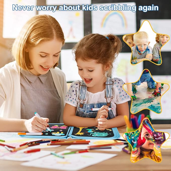 Erasable Doodle Set for Kids - Magic Drawing Book With 12 Watercolor Pens, 14 Pages - Road Trip Car Game Writing Painting Set for Boys and Girls (Arch Bridge Cat)