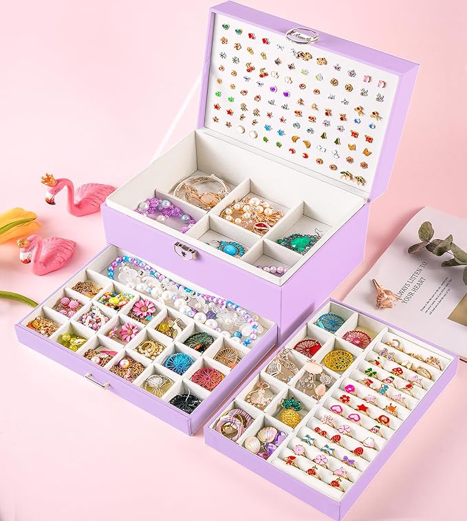 Earrings Jewelry Box for Girls, 5 Layers Jewelry Organizer with Earring Holder Organizer for Girls Earring Organizer Jewelry Boxes for Women Earrings and Necklaces Jewelry Box Organizer Violet