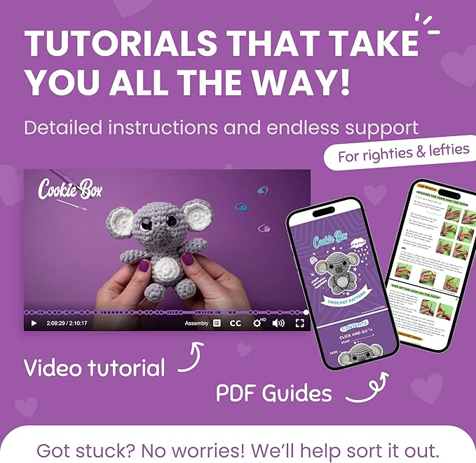 Cookie Box Crochet Kit for Beginners - Learn to Craft Amigurumi Stuffed Animals - Knitting Gift for Kids and Adults - Beginner-Friendly Yarn - Stitch-by-Stitch Video Tutorial - Koala Coal