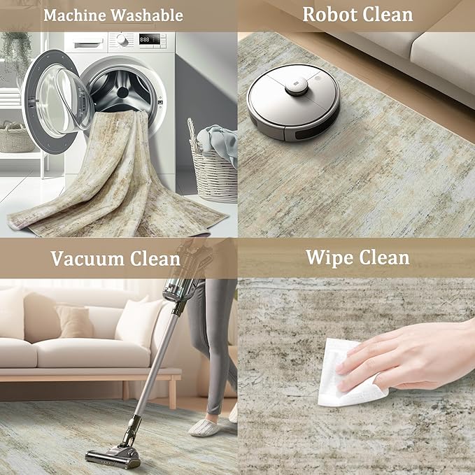 8x10 Area Rug Living Room Rugs - Washable Rug Large Modern Abstract Soft Thin Carpets Indoor Floor No Slip Vintage Carpet for Bedroom Under Dining Table Nursery Home Office Decor Brown