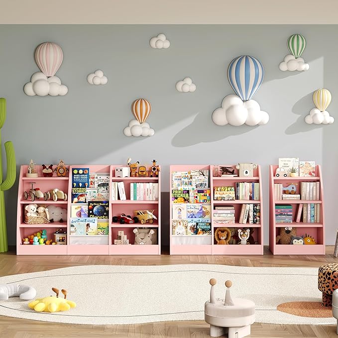 4 Tier Kids Bookshelf,4 Layer Sling Kids Book Shelf for Kids Rooms,Wood Children Bookcase,Baby Storage Book Rack,Toddler Bookshelf, Book and Toy Organizer,Book Display Shelf for Bedroom, Nursery