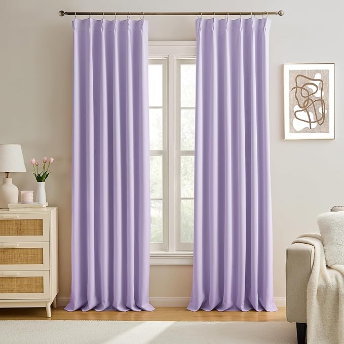 KEQIAOSUOCAI Pinch Pleats Lilac Curtains 92 Inches Long,Home Fashion Microfiber Thermal Insulated Solid Pleated Room Darkening Curtain for Bedroom (Lavender, 2 Panels, 40 Width by 92 Length)