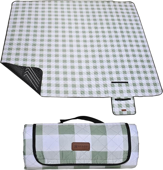HX&OD Outdoor Picnic Blanket, Extra Large, 80''x60'' Waterproof Foldable Blankets Gingham Picnic Mat for Beach, Camping Grass Lawn Park Accessories Cute Couple Ideas Wedding (Green, 80”x60”)