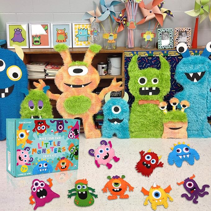 CiyvoLyeen Little Monsters Craft Kit Adopt A Monster Felt Plush DIY Sewing Art Educational Toys Monster Craft Gift Learn How to Sew for Beginners Set of 12 Sewing Kits