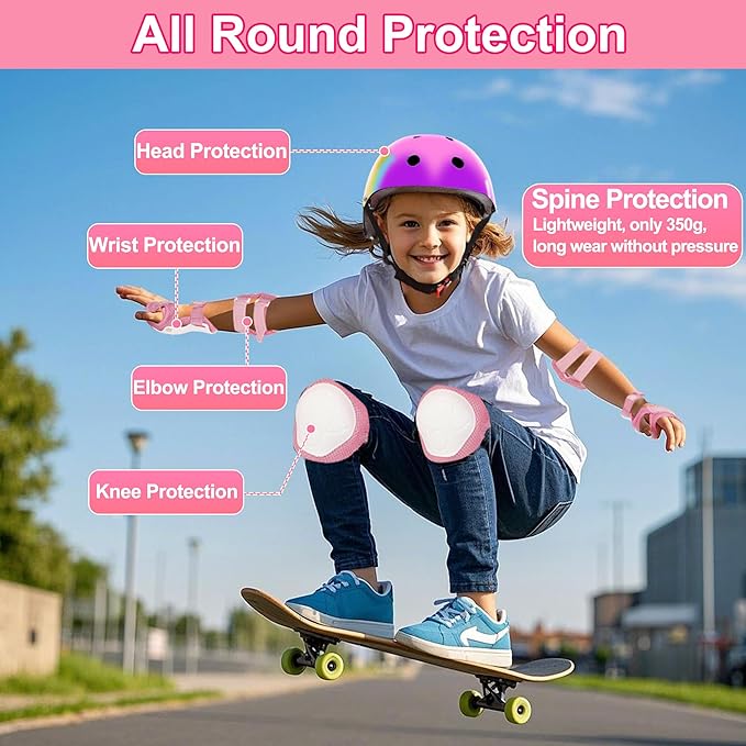 Kids Bike Helmet with DIY Stickers and Knee Pads Elbow Pads Wrist Guard Set for Ages 3-8-14 Toddler Boys Girls Helmet for Roller Skates Cycling Skateboarding Bicycle Scooter