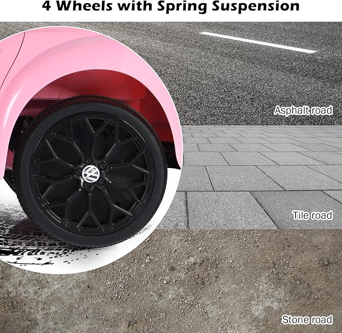 Costzon Ride on Car, 12V Licensed Volkswagen Beetle Battery Powered Vehicle w/Remote Control, Spring Suspension, Lights, USB, Horn, Music, 4 Wheeler for Boy Girl Gift, Electric Car for Kids, Pink