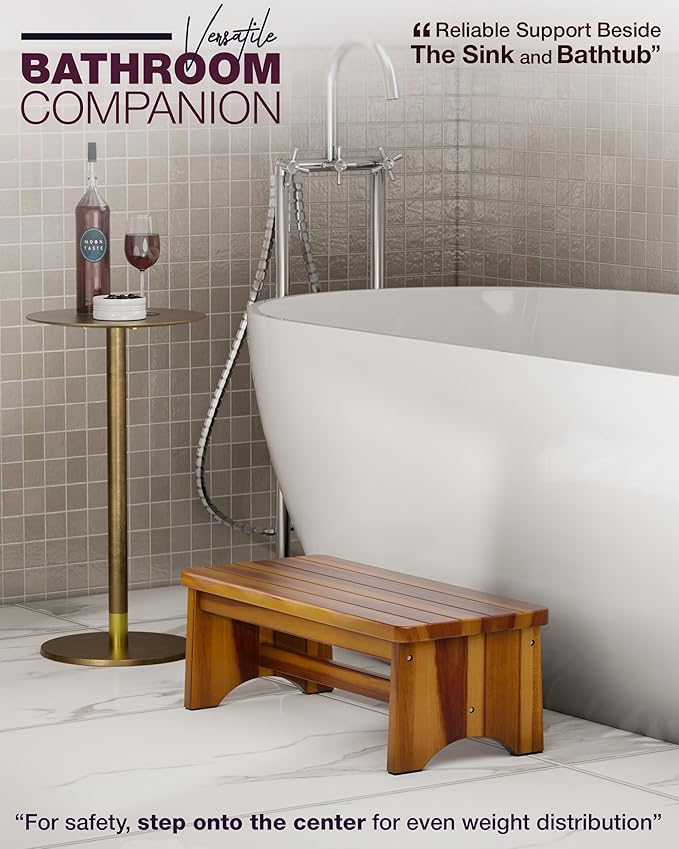 Extra Wide 26in Wooden Step Stool, Heavy Duty One Step Stool for Adults and Seniors, Holds Up to 550 lbs, Reinforced Cross Bar, Non-Skid Surface, Multipurpose Use for Kitchen, Bathroom, Bedroom