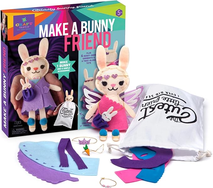 Craft-tastic – Make a Bunny Friend Craft Kit – Learn to Make 1 Easy-to-Sew Stuffie with Clothes & Accessories
