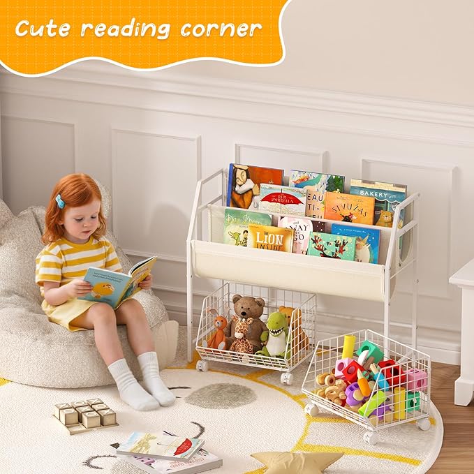 Kids Bookshelf and Toy Storage with 2 Rolling Baskets – Toddler Bookshelf, Montessori Children's Booksheves for Nursery, Small Book Shelf for Kids Rooms, Playroom Organization and Storage