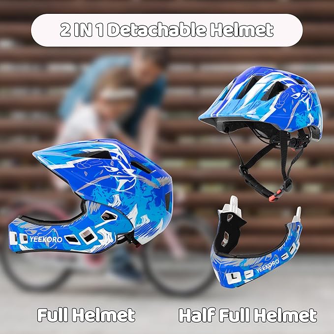 Kids Bike Helmet with Chin Guard, Adjustable Detachable Children’s Full Face Helmet for Girls and Boys, Cycling Helmets Skateboard, Scooter