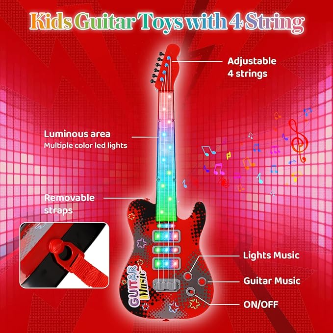 Kids Guitar and Microphone Playset with 4 Strings, Electric Guitar Kit with Lifting Mic Stand, Toddler Toys Musical Instruments Starter Kit, Karaoke Machine Toys for Boys Girls Christmas Guitars Gifts