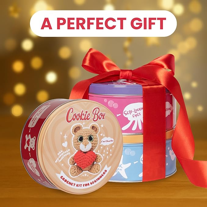 Cookie Box Crochet Kit for Beginners - Learn to Craft Amigurumi Stuffed Animals - Knitting Gift for Kids and Adults - Beginner-Friendly Yarn - Stitch-by-Stitch Video Tutorial - Bear Charlie