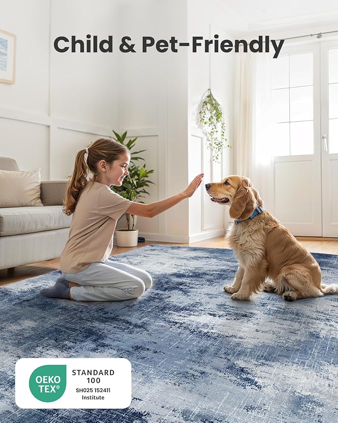 Amada 9x12 Large Area Rugs, Modern Living Room Rugs with Non-Slip Backing & Short Pile, Washable Rug with Abstract Pattern for Living Room, Bedroom and Dinning Room, Dark Blue